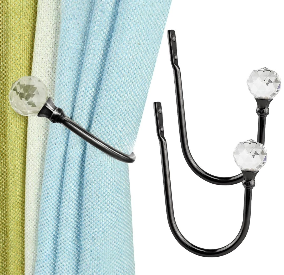 Coolnice 2 Pack Curtain Holdbacks, Wall Mounted Curtain Tiebacks, Glass Crystal with U Shape Curtain Pull Backs with Screws for Home Office-Black