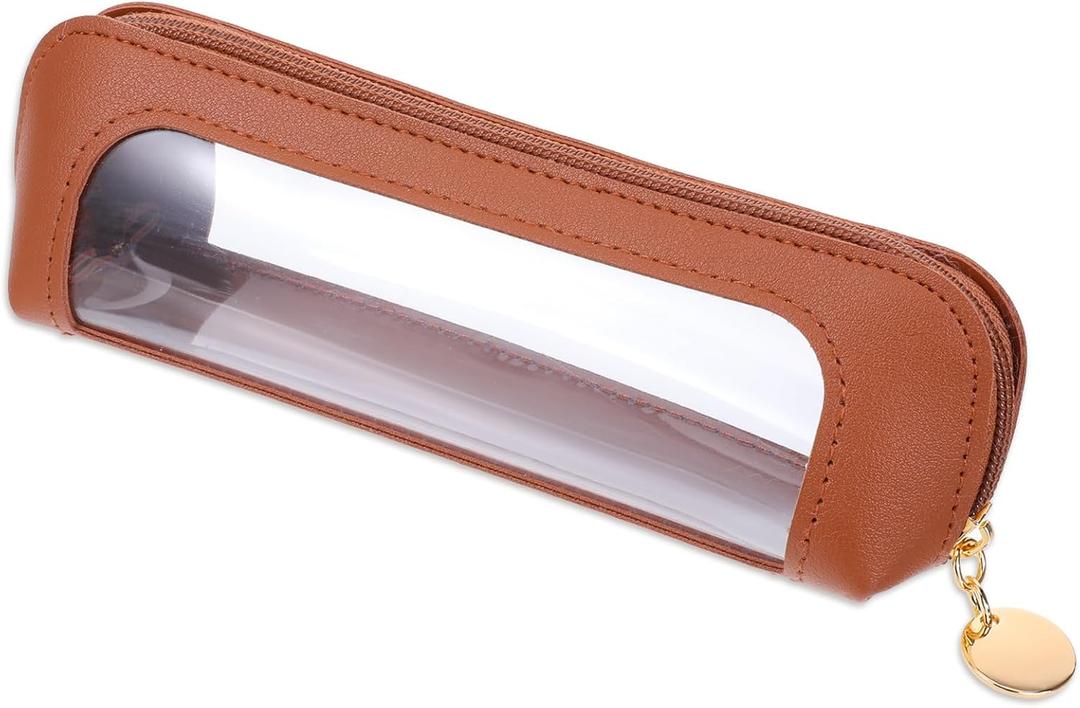 Small Clear Makeup Pouch, PU Leather Makeup Brush Bag Portable Travel Mini Cosmetic Bag Transparent Waterproof Organizer Pouch with Zipper for Women Home Travel Office Cosmetic Storage (Brown)