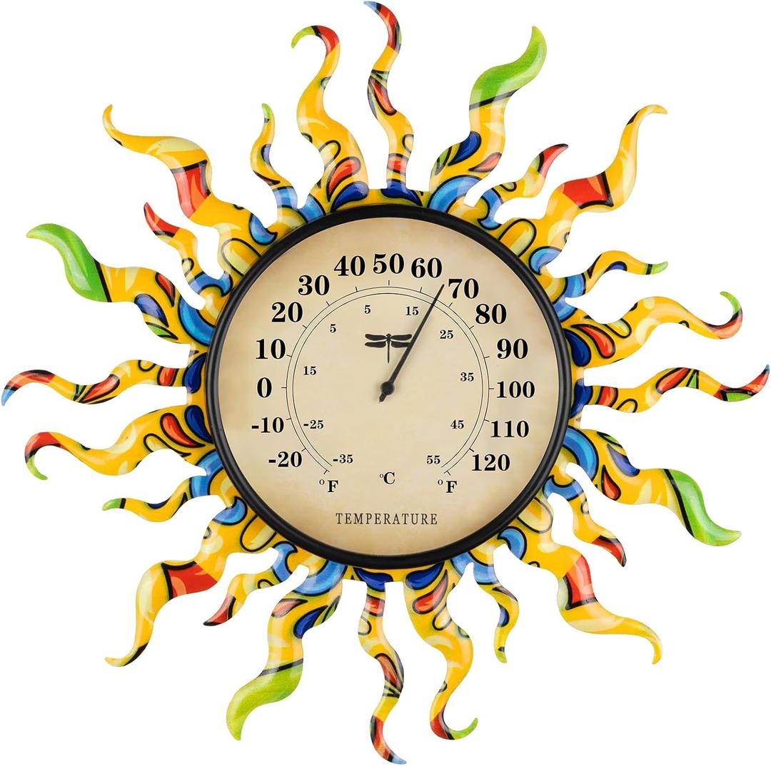 Indoor Outdoor Thermometer,Outside Temperature Gauges for Patio 13 Inch Wall Mounted Sun Thermometer Decorative Muticolor Mexican Decor Hanging Wall Art for Greenhouse Garden Lanai Livingroom Fence, Colorful Sun