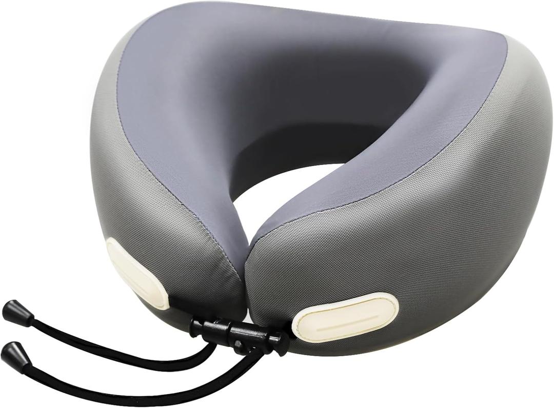 Memory Foam Travel Neck Pillow - 100% Pure Support for Airplane, Office & Car, Portable with Travel Bag, Washable Dark Grey Cover