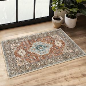 Lahome Oriental Small Rugs for Entryway, 2x3 Rug Non Slip Washable Fall Door Mat Indoor Entrance Ultra-Thin Vintage Soft Carpet for Kitchen Bedroom Front Door Bathroom Eleanor, Orange/Multi