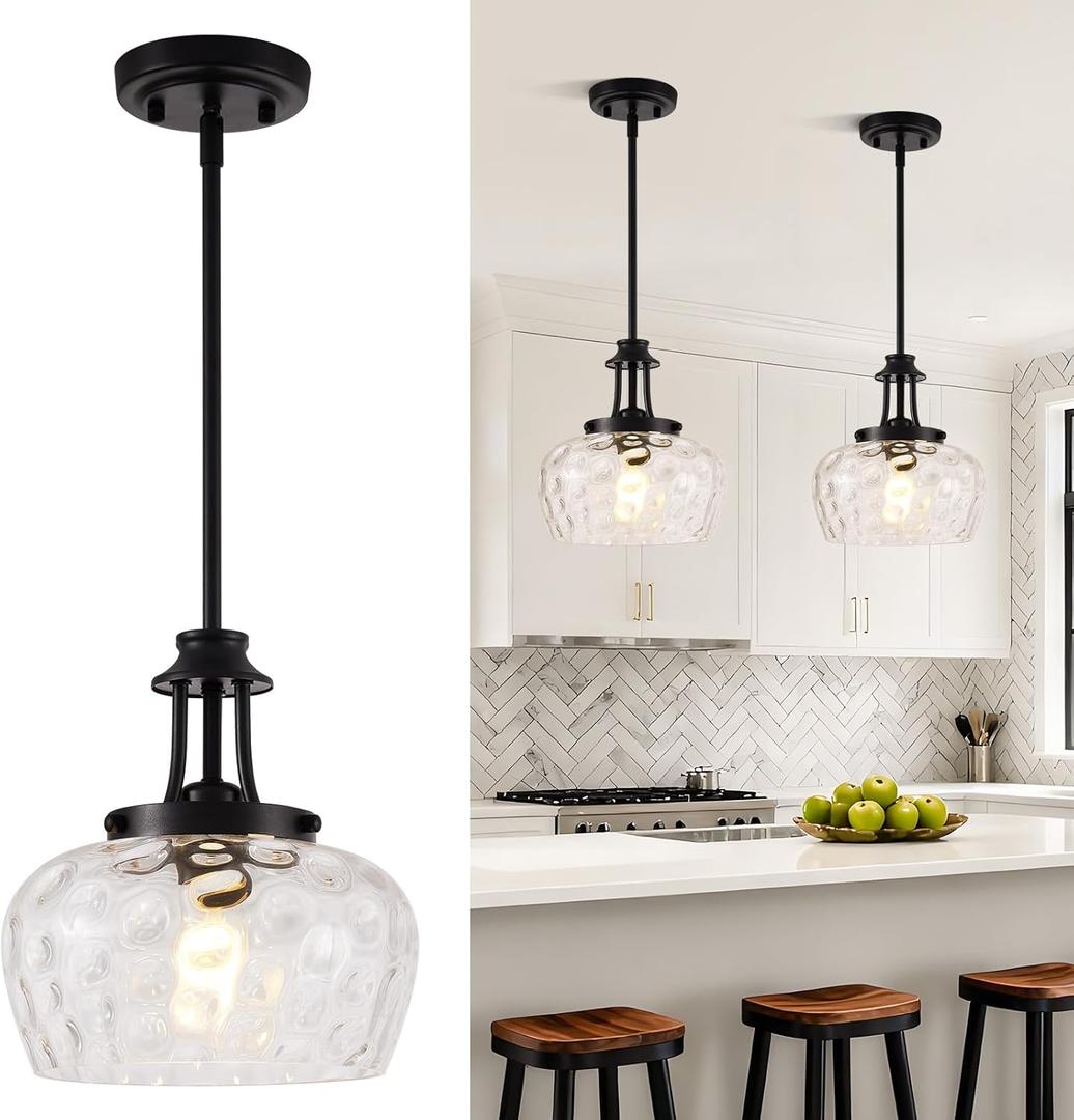 Modern Pendant Lights Kitchen Island, Matte Black Pendant Light Fixtures with 10" Clear Hammered Glass Shade, Industrial Hanging Pendant Lights Fixture for Kitchen Island Dining Room Bedroom Entryway