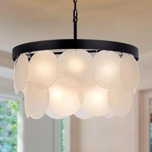 Wellmet Modern Glass Chandelier 22", Black Farmhouse Chandeliers for Dining Rooms, Round Light Fixture with White Frosted Glass Shade for Kitchen Island, Living Room, Bedroom, Hallway