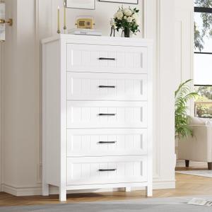Jocoevol Elegant White Farmhouse 5 Drawer Dresser for Bedroom - Tall Chest of Dresser with Spacious Storage, Solid Wood Construction for Living Room, Hallway & Entryway - White