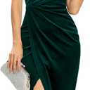 Missufe Women's Sleeveless Spaghetti Strap Wrap V Neck Bodycon Ruched Slit Midi Party Cocktail Velvet Dress (Green, M)