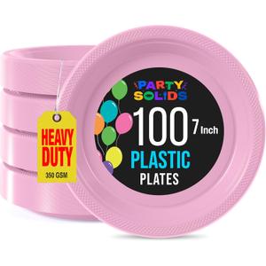 Party Solids Pink Plastic Plates For Party 7" Pink Disposable Plates For Party Supplies 100 Pcs Plastic Dinnerware Sets Heavy Duty 350 GSM Disposable Dinnerware Set