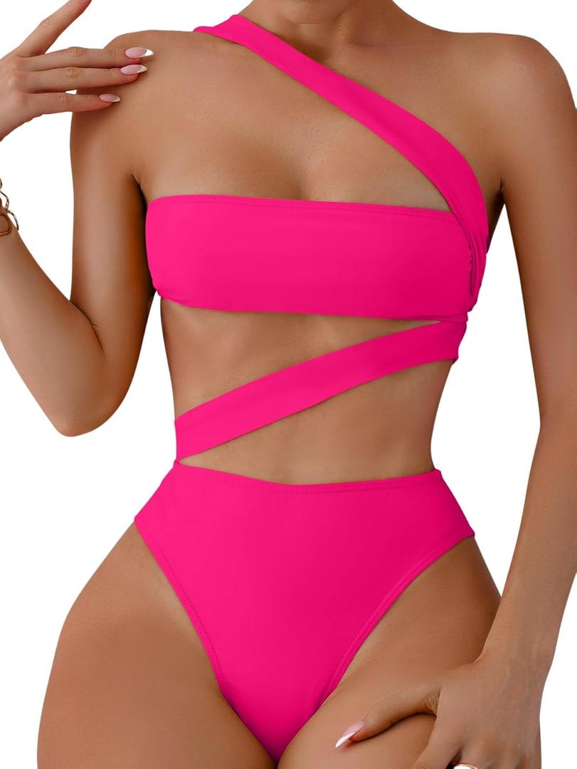 Lilosy Sexy Cutout Tube High Waist Bandeau Bathing One Piecce Swimsuit (Large, Tube Hot Pink)