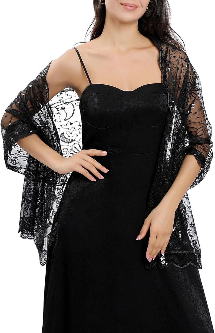 Ladiery Sequin Stars Moons Shawls and Wraps for Evening Dresses,Women sparkly Sheer Mesh Wedding Shawls for Evening Party