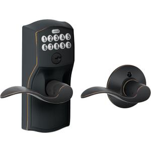 Schlage Camelot Keypad Lock with Lever Handle, Electronic Keyless Door Entry, AutoLock Enabled, Aged Bronze, FE575 CAM 716 ACC