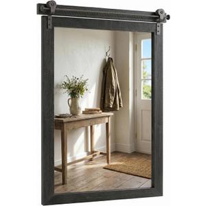 24"x36" Black Wood Grain Barn Door Vanity Mirror with Wood Header | 100% solid wood, HD tempered glass, bronze-tone iron rail; farmhouse vanity mirror for over sink, powder room, entryway