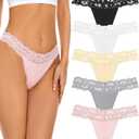 voenxe Seamless Thong for Women,No Show Lace Underwear,Ladies Breathable Comfort Panties Soft Laser Cut Undies,Tanga,5-Pack Small 