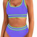 BMJL Women's High Waisted Bikini Sets Sporty Two Piece Swimsuits Color Block Cheeky High Cut Bathing Suits (Light Purple011), S