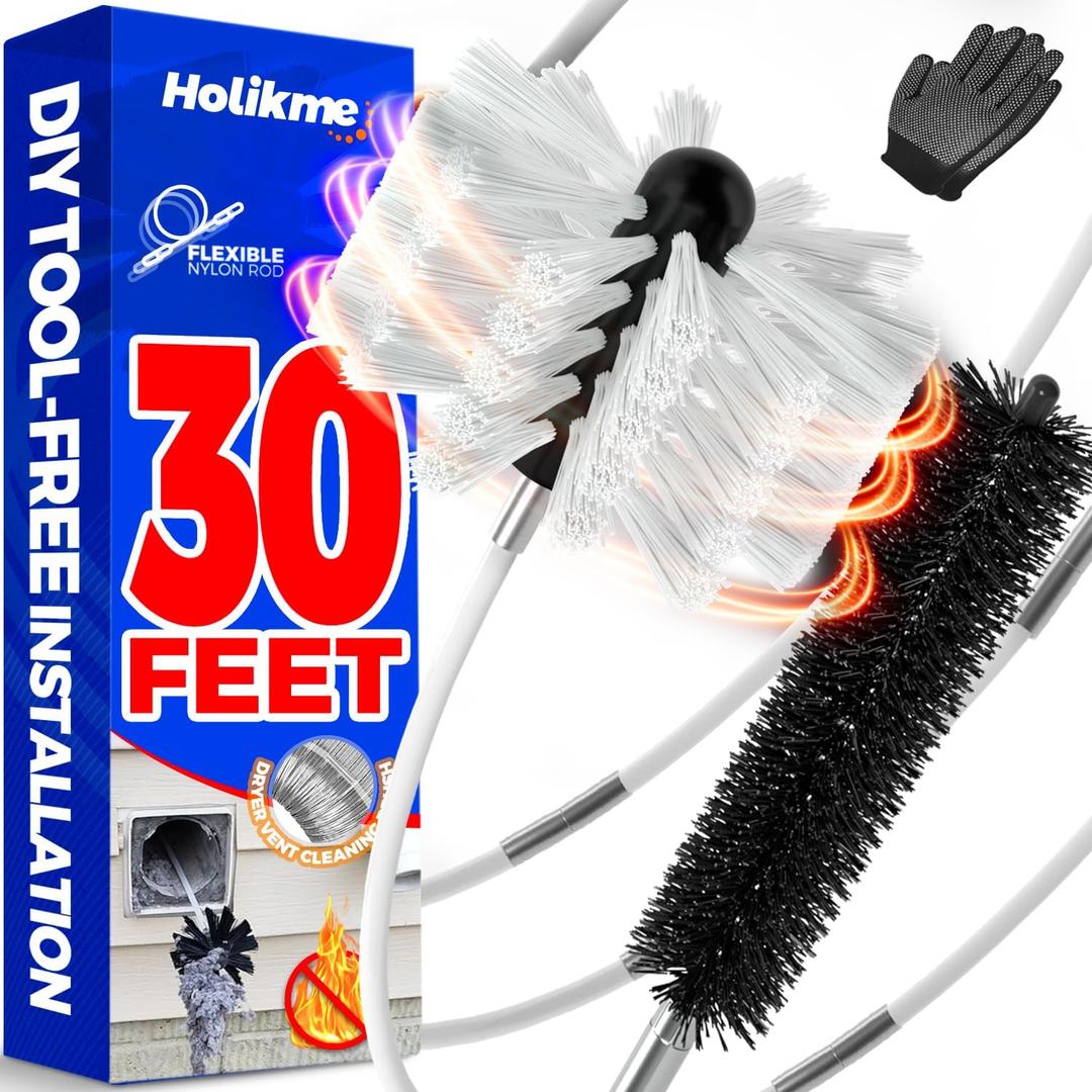 Holikme 30 Feet Dryer Vent Cleaner Kit,Flexible Lint Brush with Drill Attachment, Extends Up to 30 Feet for Easy Cleaning, Synthetic Brush Head, Use with or Without a Power Drill, White