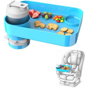 Car Seat Snack Tray for Kids, Mess-Free Square Travel Tray Cup Holder Snack Tray, Durable Car Food Tray for Toddlers, Universal Fit Kids Travel Road Trip Essentials (Sky Blue)