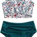 ZAFUL Women's High Waisted Tankini Scoop Neck Knotted Two Pieces Tankini Set Swimsuit (4-peacock Blue), S