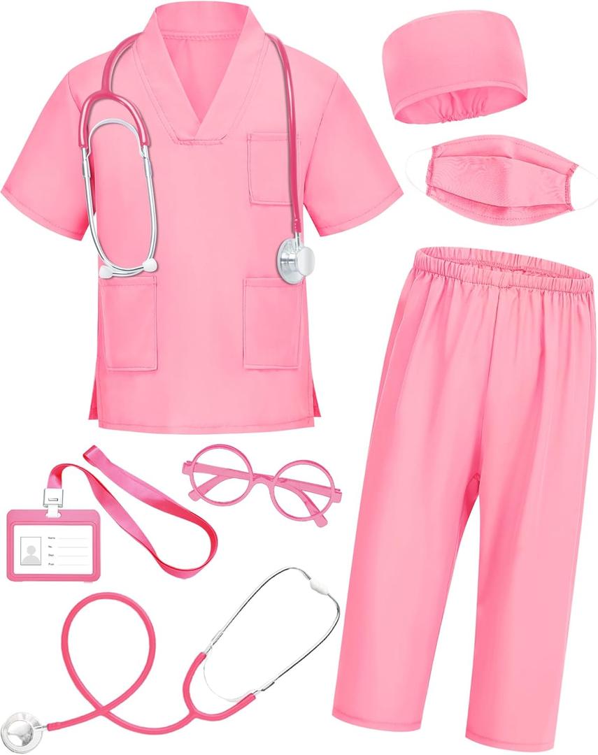 ICECUTE Doctor Scrubs for Kids, 7 Pcs Scrubs Costume with Accessories, Halloween Costume for Boy Girls, 3-11 Years (Pink, 10-11Years)