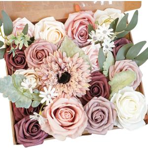 Dusty Rose and Burgundy Artificial Flowers Combo Box, Fake Blush Roses with Pink Silk Daisy, Faux Floral Arrangements with Stems for DIY Wedding Bouquets Centerpieces Bridal Shower Decorations