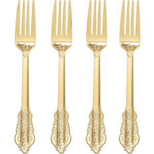 WDF 100 Piece Gold Forks Disposable - 7.48 Inch Gold Plastic Forks - Baroque Plastic Silverware for Dessert Cake - Heavy Duty Plastic Forks for Party, Wedding or Daily Using