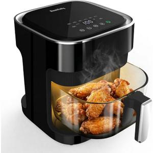 Glass Air Fryer 4.5 Qt, Non-Toxic Borosilicate Glass Basket with 360° View, Upgraded Food-Grade Stainless Steel Tray, 8-in-1 One-Touch Presets, Teflon-Free & Dishwasher Safe, Black, Medium