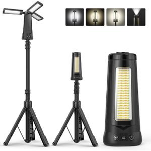 Rechargeable Camping Light with Stand 7 ft Max Height, 15000mAh Portable Cordless LED Work Light, 5500 Lumen 6500/4500/3500K Dimmable Emergency Flashlight with Detachable Tripod, Black