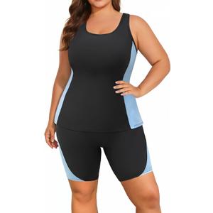 Daci Women Light Blue Plus Size Tankini High Waisted Racerback Two Piece Boyshort Swimsuit 18 Plus