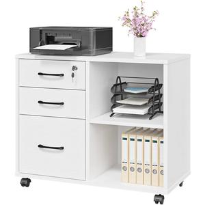Panana 3 Drawer Office File Cabinets, Mobile Lateral Printer Stand with Open Storage Shelf, Rolling Filing Cabinet with Wheels Home Office Organization and Storage (White), Small