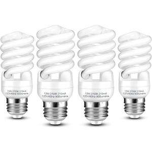 E26 CFL Light Bulbs 13Watt, T2 Spiral Soft White 2700K 900lm E26 Medium Base Compact Fluorescent Light Bulbs, UL Approved, 120v 60Hz, Self Ballasted CFL Bulbs (60Watt Equivalent), Pack of 4