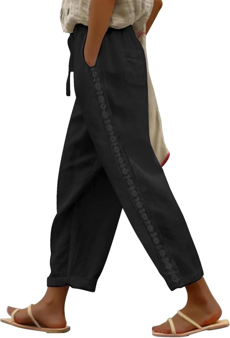 Puimentiua Women Linen Pants Lightweight Pants with Lace Side Summer Casual Beach Drawstring Elastic Waist Trousers (Black, L)