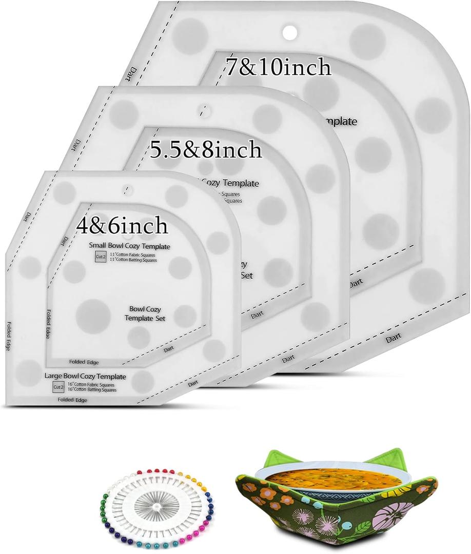 Bowl Cozy Template 3 Sizes, Bowl Cozy Pattern Template Cutting Ruler Set,Sewing Pattern and 40 Cool Pins, User Manual Included