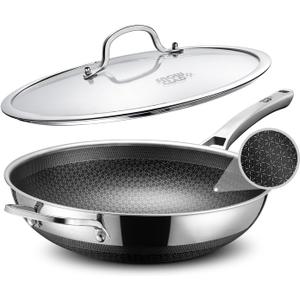 Wok, 13 Inch Hybrid Woks & Stir-fry Pans Nonstick, Non Toxic Stainless Steel Wok Pan with Lid, Dishwasher Induction Oven Broiler Safe, PFOA Free Cookware Non Stick