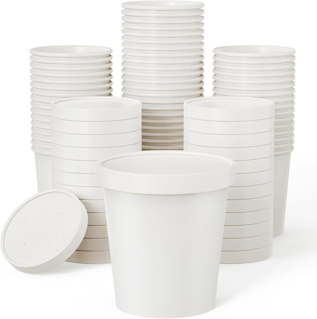 JOLLY PARTY 50pack 16oz Paper Soup Containers with Lids, Disposable Paper Food Cups, Ice Cream Cups, Food Storage with Lids, Microwavable and Freezer Safe, Suitable for Christmas Thanksgiving (White)