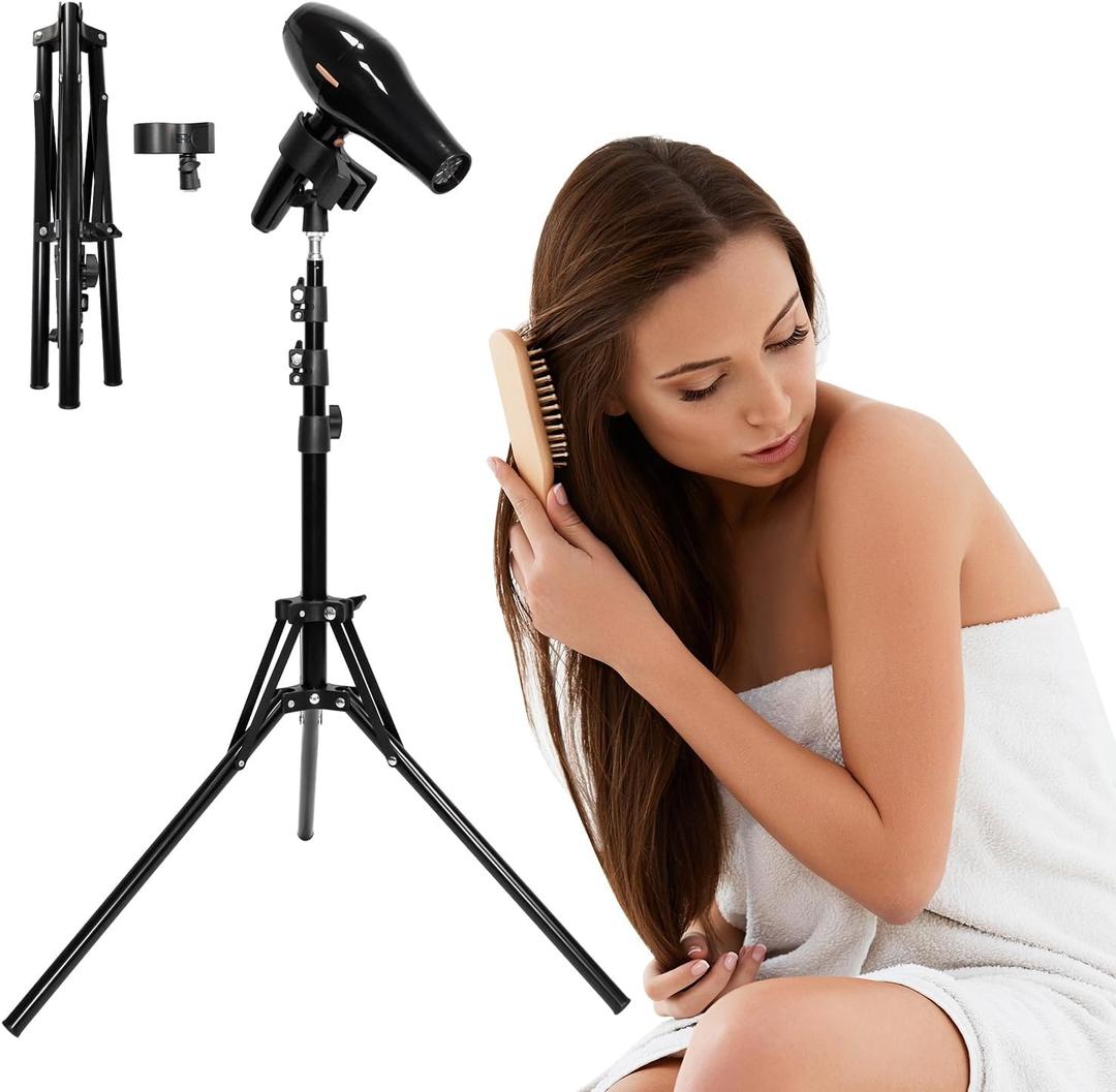 Hair Dryer Stand Holder Hands Free - Adjustable Blow Dryer Stand with Universal Non-Slip Clip & Sturdy Tripod Base for Home Styling, Elderly & Pet, Hair Dryer Holder with 180 Deg Rotation