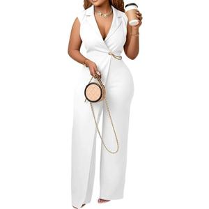 Voghtic Jumpsuits for Women Dressy Formal V Neck Sleeveless Wide Leg Long Pants Rompers Business Party One Piece Outfits, M