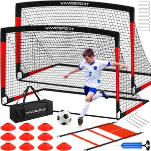 Kids Soccer Goals for Backyard Set, 2 of 6x4 ft Portable Pop Up Soccer Goal Training Equipment, Soccer Net with Soccer Ball, Ladder, Cones, Soccer Set for Youth Toddler Games, Sports (Black & Red)