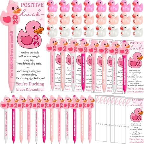 Resurhang 48 Sets Breast Cancer Awareness Gifts Breast Cancer Pens Bulk Pink Ribbon Ballpoint Pen with Inspirational Duck Supportive Greeting Cards Pink Ribbon Gifts for Women Survivor Party Supply