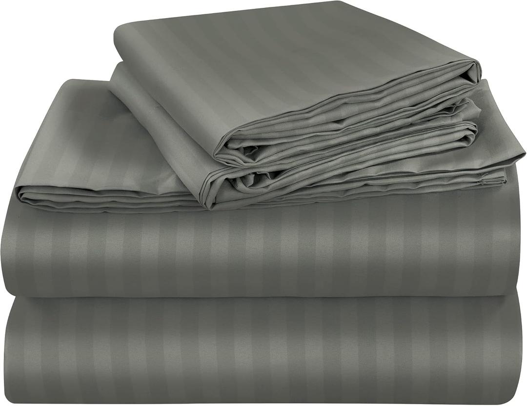 ROYALE LINENS 3 Piece Twin XL Sheets Set - Soft Brushed 1800 Microfiber - 1 Fitted, 1 Flat Sheet, 1 Pillow case - Wrinkle Free & Fade Resistant - Hotel Luxury Bed Sheets (Stripe Grey, Twin XL)