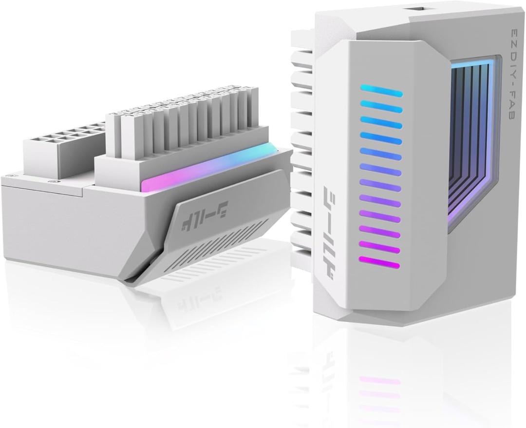 EZDIY-FAB Shield 24-Pin Angle Adapter with Infinity Mirror ARGB Light,ATX 24 Pin Power Connector, 5V 3pin ARGB Sync-180 Degree-White-1 Pack