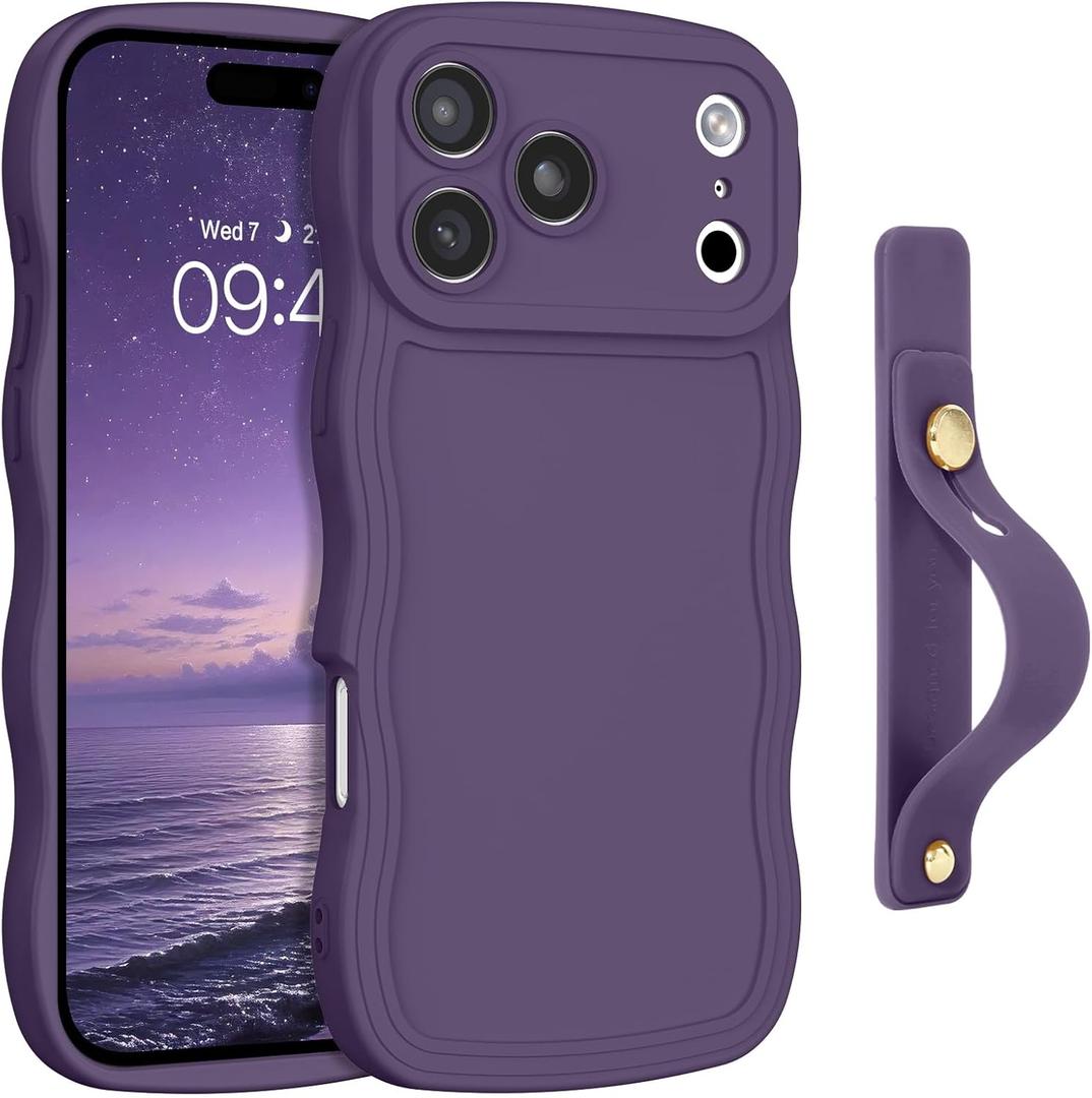GUAGUA for iPhone 17 Pro Case with Wrist Strap, Wavy Edge Phone Case Cute Curly Shape with Adjustable Wristband Kickstand Shockproof Anti Slip Phone Case for iPhone 17 Pro 6.3'', Deep Purple