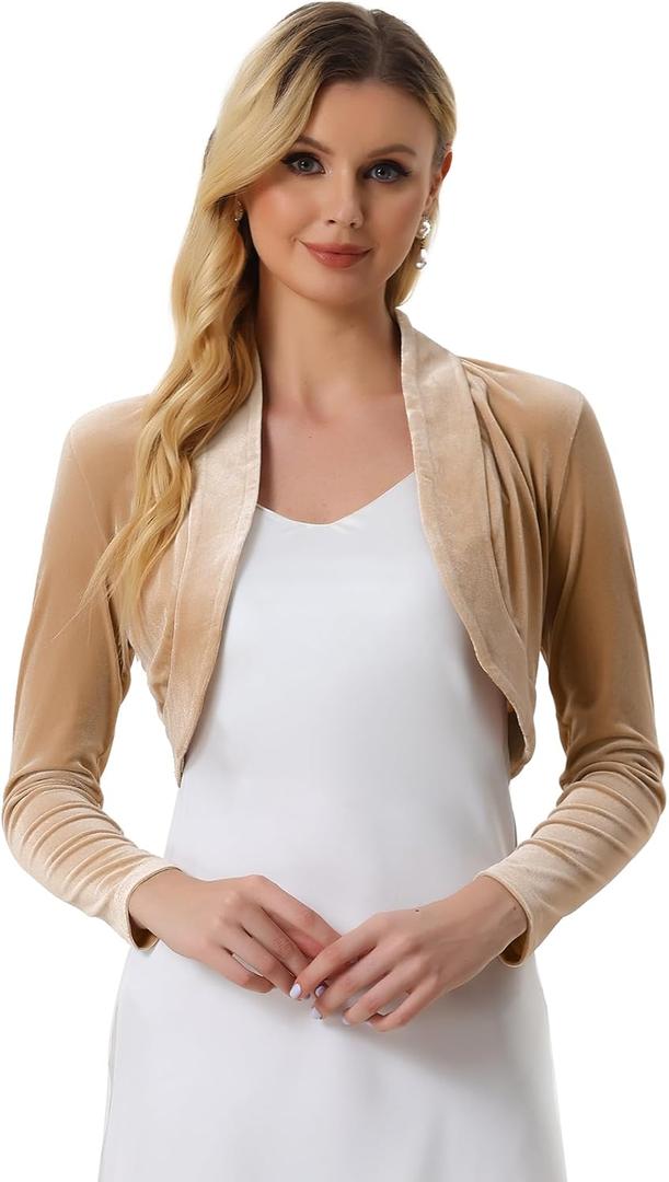Allegra K Women's Long Sleeve Velvet Shrug Cocktail Party Open Front Cropped Bolero Cardigan Top (Beige, M)