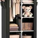 ROJASOP Portable Closet Wardrobe Closet for Hanging Clothes with 6 Storage Shelves, 1 Hanging Rod and 4 Pockets, Clothes Organizer and Storage Wardrobe Free Standing Closet for Bedroom, Black