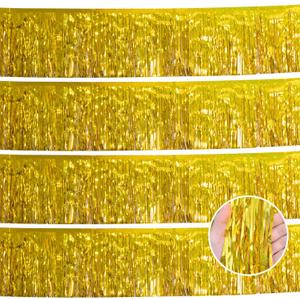 YUKL Laser Gold Christmas Decorations Tinsel Garland Parade Float Decorations for Trailer 4Pack 12FT Christmas Party Decor Ceiling Fringe Banner Gold Backdrop for Streamers Party Decorations