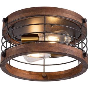 Farmhouse Flush Mount Ceiling Light, 12.6 Inch 2-Light Metal and Wood Close to Ceiling Light Fixture, Rustic Drum Semi Ceiling Light for Kitchen, Dining Room, Living Room, Hallway, Entryway (Brown01)