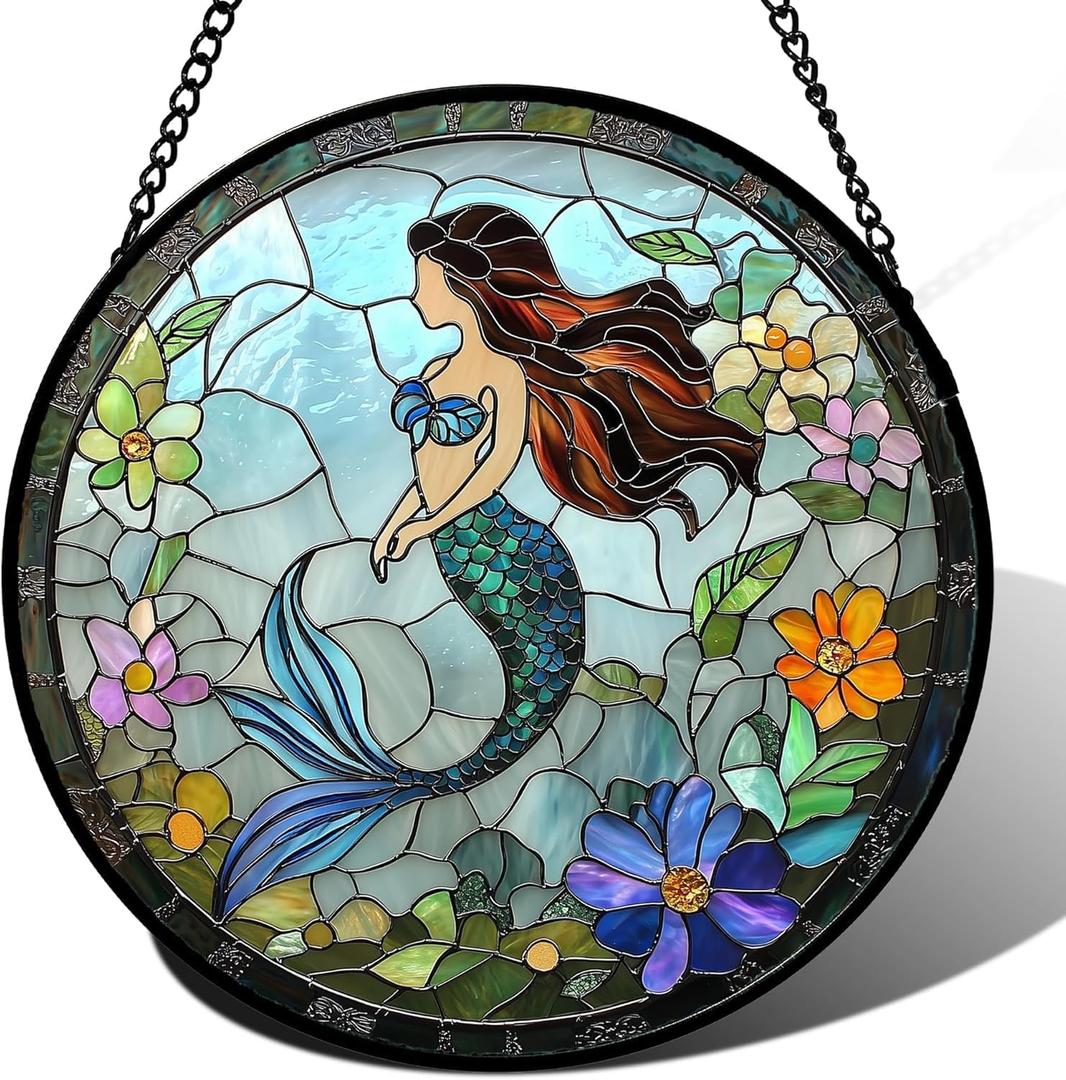 Stained Glass Window Hanging Suncatcher, 7.9 * 7.9 Round Hanging Glass Art Decor Mother's Day Birthday Gifts for Women, Decorative Sun Catcher for Window Door Garden Home Decor (Mermaid Garden)