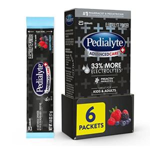 Pack of 2, Pedialyte Advanced Care Plus Electrolyte Powder, Has 33% More Electrolytes and PreActiv Prebiotics, Berry Frost, 6 Powder Packets, Best By 01 Jan 2026