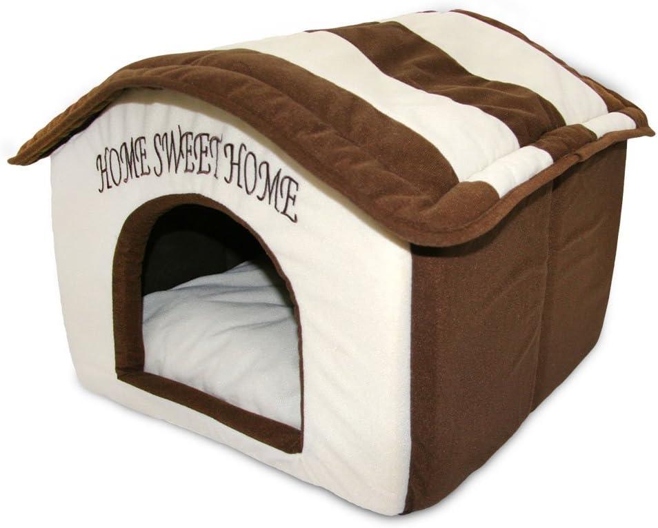 Best Pet Supplies Cat Bed for Indoor Cat, Domed Tent House with Removable Pillow, Covered Cat Cave for Small Dog, Puppies and All Breeds of Cats - Beige w/ Brown Stripes, 16 x 16 x H:14"