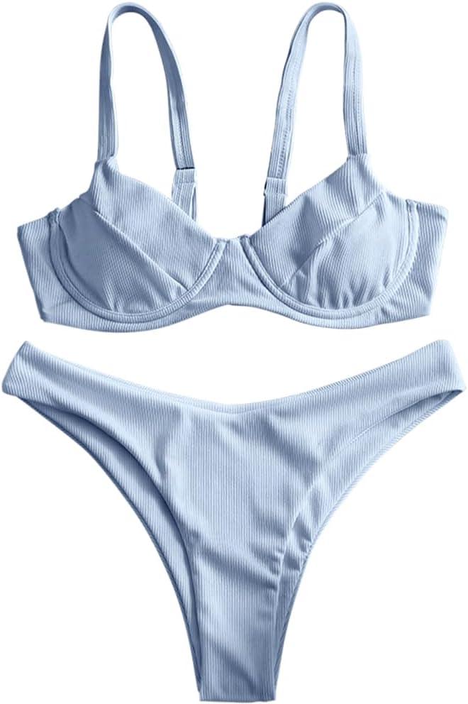 ZAFUL Women's Ribbed Underwire Bikini Set High Cut Colorblock V Notch Swimwear Printed High Leg Swimsui,Blue 