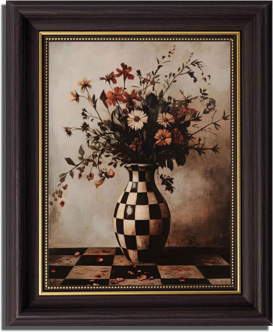 Vintage Floral Dark Brown Framed Canvas Wall Art Moody Plants Flower Painting Decor Picture Eclectic Farmhouse Wildflower Vase Daisy Bedroom Living Poster Print for Corridor Kitchen Room Decoration