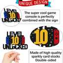 3 x Level 10th Unlocked Sign Cake Topper Happy 10th Birthday Level Up Tenth Cake Decorations for Video Game Controller Themed Boy Girl Bday Party Supplies Double Sided