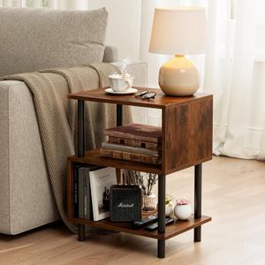 Frylr Small Side Table, End Table and Nightstand with 3-Tier Wood Shelves, Sturdy Metal Frame with 44 LBS Capacity per Shelf, Easy to Assemble for Living Room or Bedroom,Rustic Brown