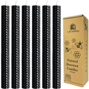 Lacaser Black Beeswax Taper Candles 6 Pcs, 9" Long Candles for Candlesticks,Unscented & Smokeless & Dripping Candle for Home Decor, Burning Time 4 Hours